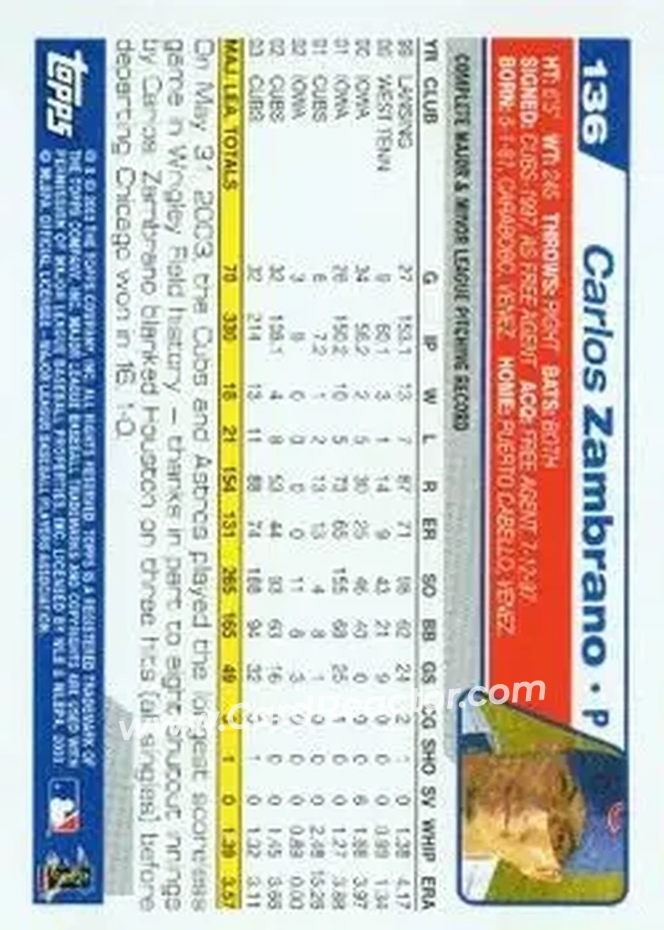 2004 Topps #136 - Carlos Zambrano - Chicago Cubs - Back