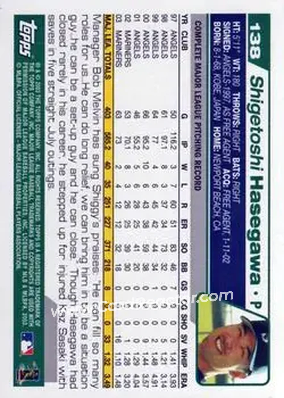 2004 Topps #138 - Shigetoshi Hasegawa - Seattle Mariners - Back