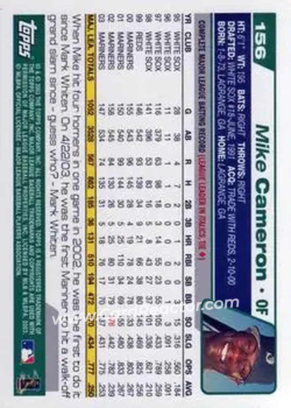 2004 Topps #156 - Mike Cameron - Seattle Mariners - Back