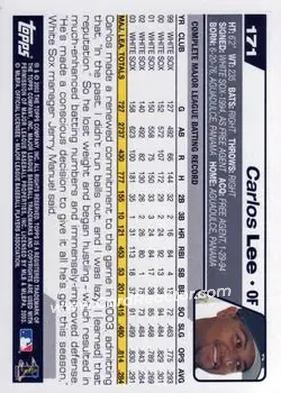 2004 Topps #171 - Carlos Lee - Chicago White Sox - Back 2004 Topps #171 - Carlos Lee - Chicago White Sox - Back