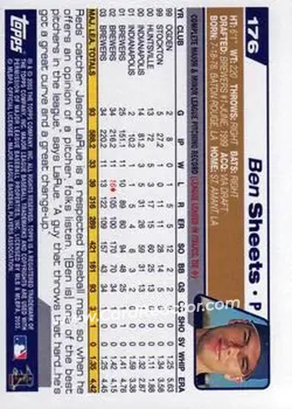 2004 Topps #176 - Ben Sheets - Milwaukee Brewers - Back 2004 Topps #176 - Ben Sheets - Milwaukee Brewers - Back