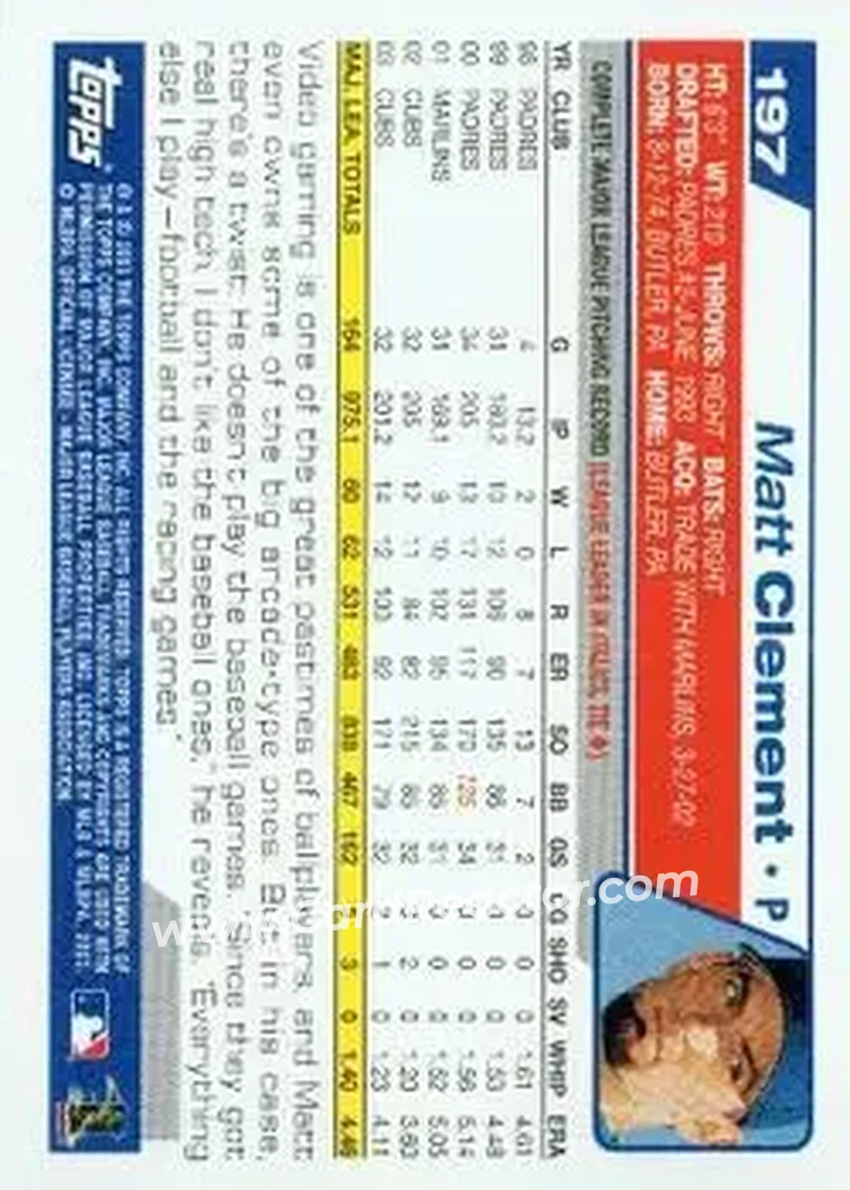 2004 Topps #197 - Matt Clement - Chicago Cubs - Back