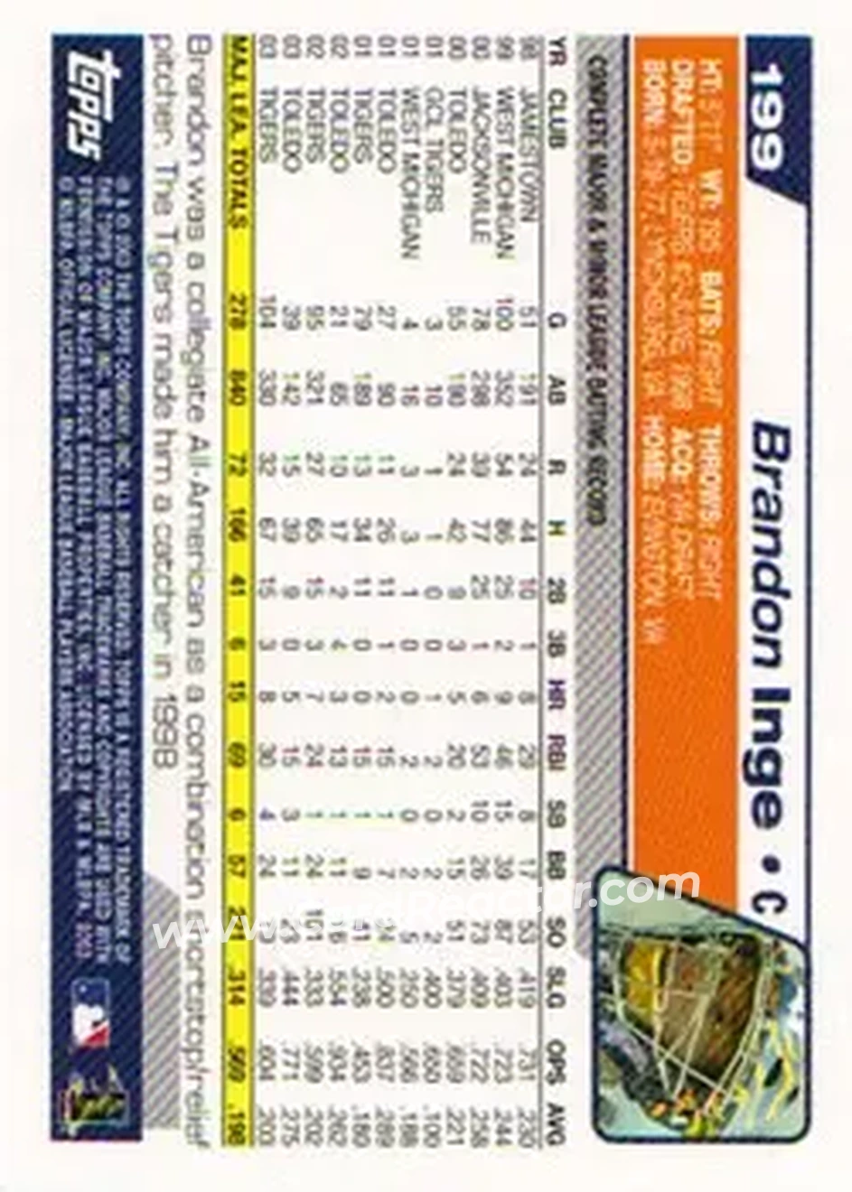 2004 Topps #199 - Brandon Inge - Detroit Tigers - Back