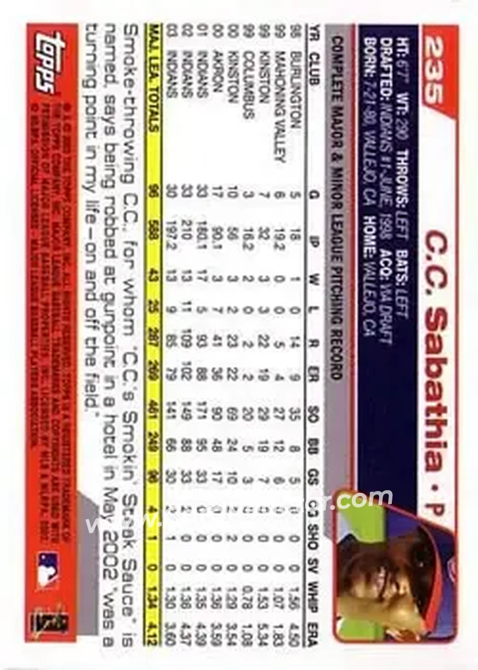 2004 Topps #235 - CC Sabathia - Cleveland Indians - Back