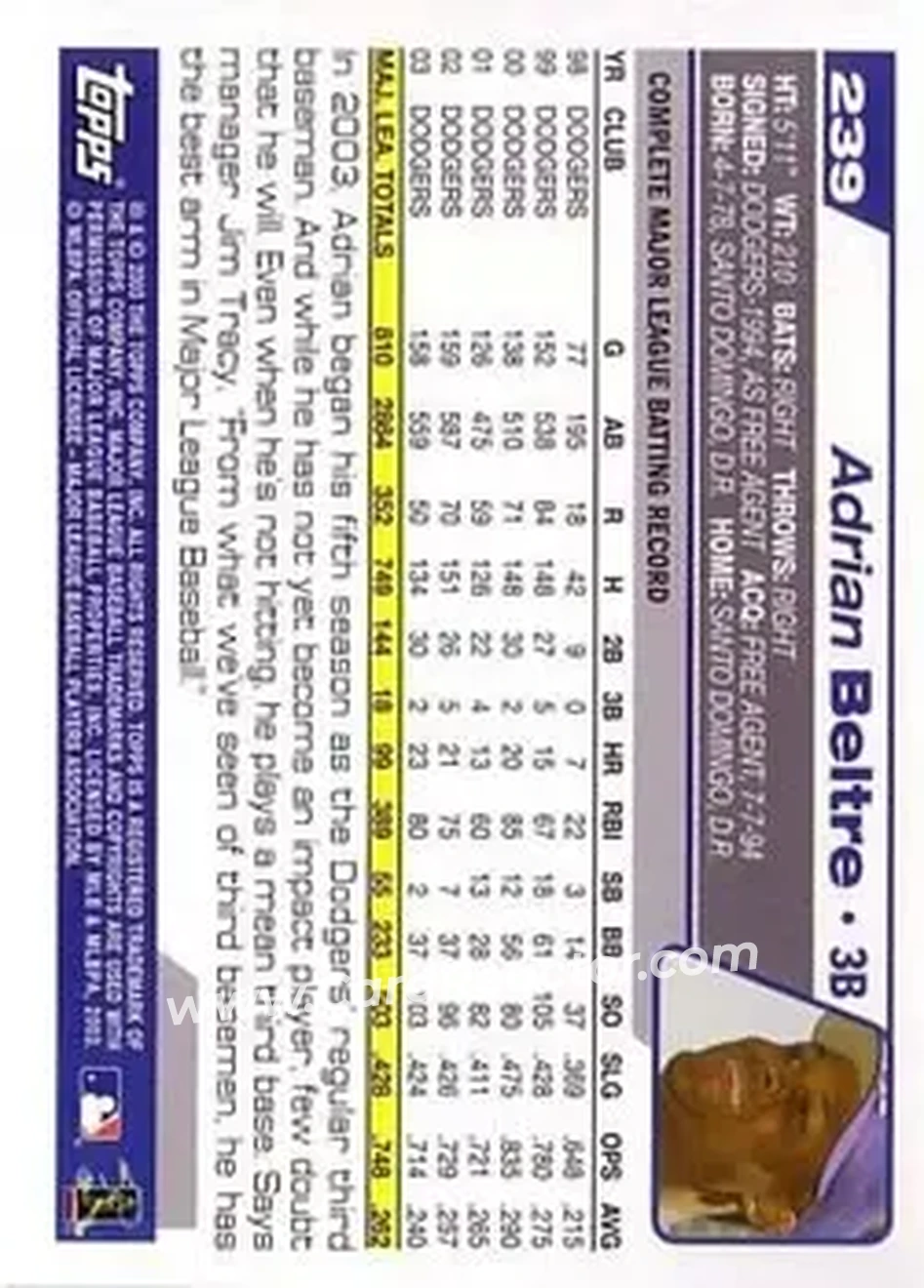 2004 Topps #239 - Adrian Beltré - Los Angeles Dodgers - Back