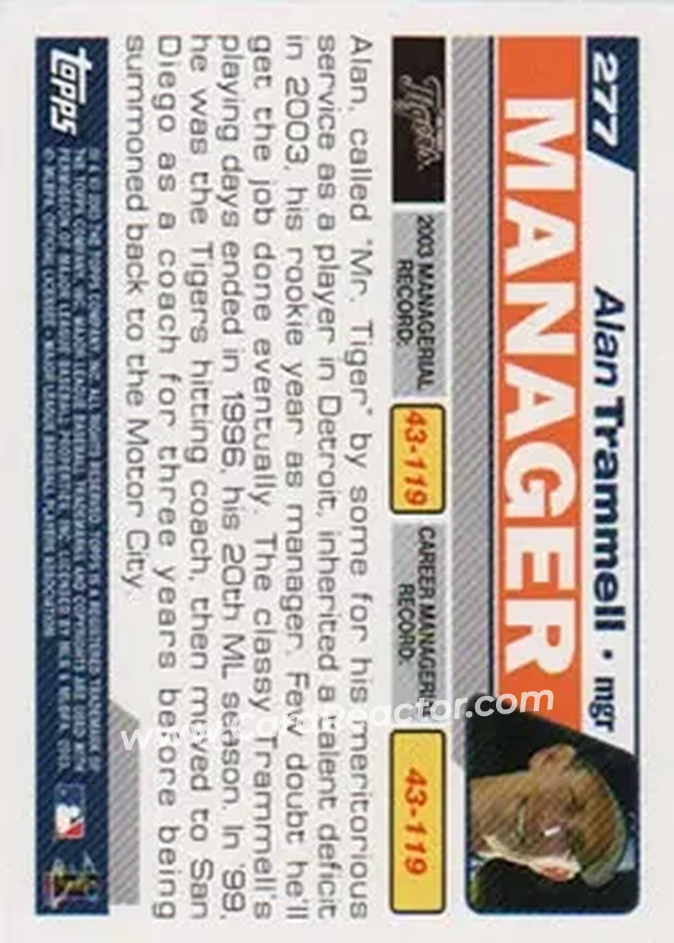 2004 Topps #277 - Alan Trammell - Detroit Tigers - Back