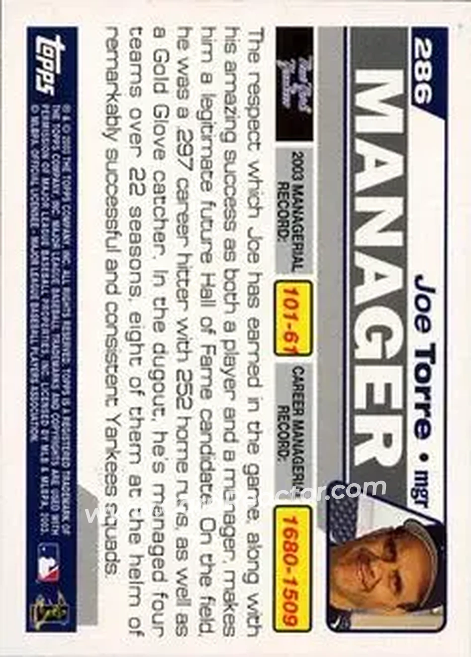 2004 Topps #286 - Joe Torre - New York Yankees - Back