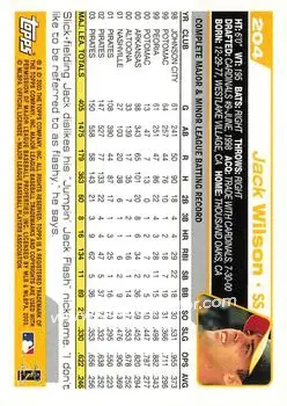 2004 Topps #204 - Jack Wilson - Pittsburgh Pirates - Back