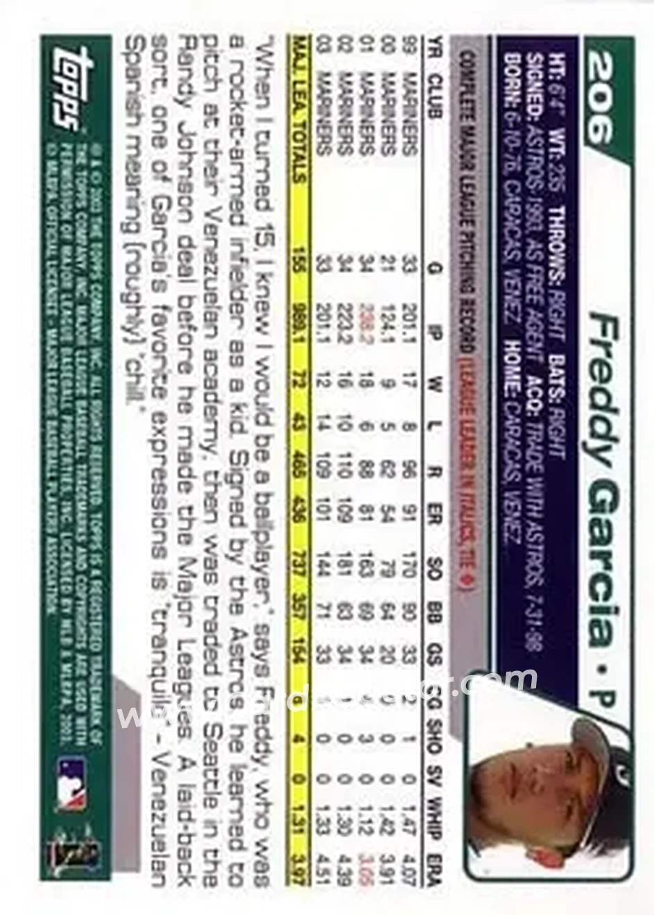 2004 Topps #206 - Freddy Garcia - Seattle Mariners - Back 2004 Topps #206 - Freddy Garcia - Seattle Mariners - Back