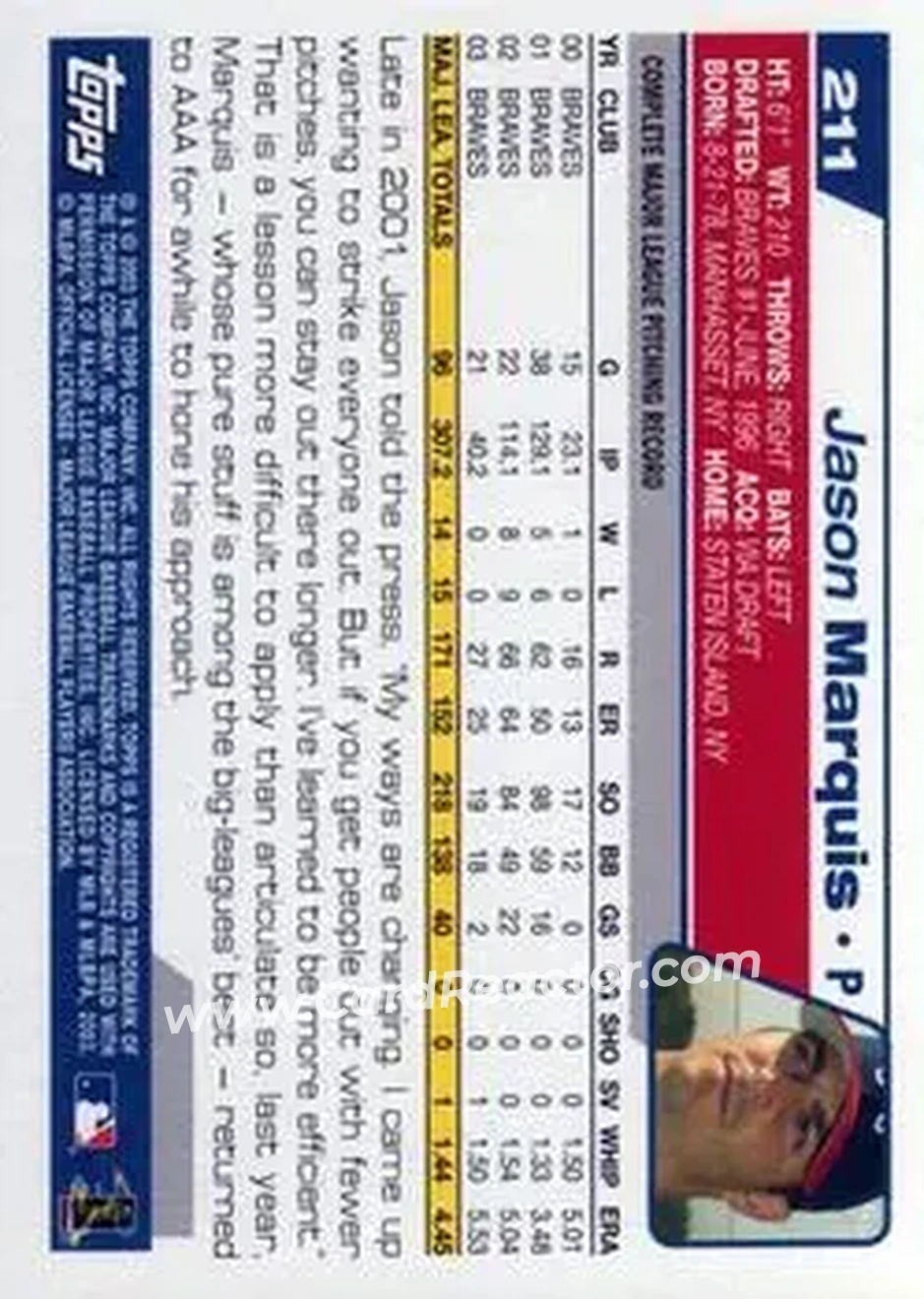 2004 Topps #211 - Jason Marquis - Atlanta Braves - Back