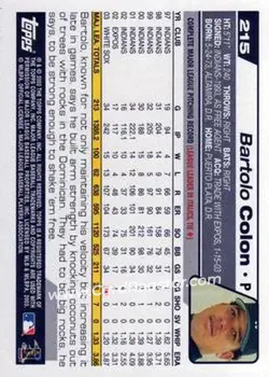 2004 Topps #215 - Bartolo Colon - Chicago White Sox - Back