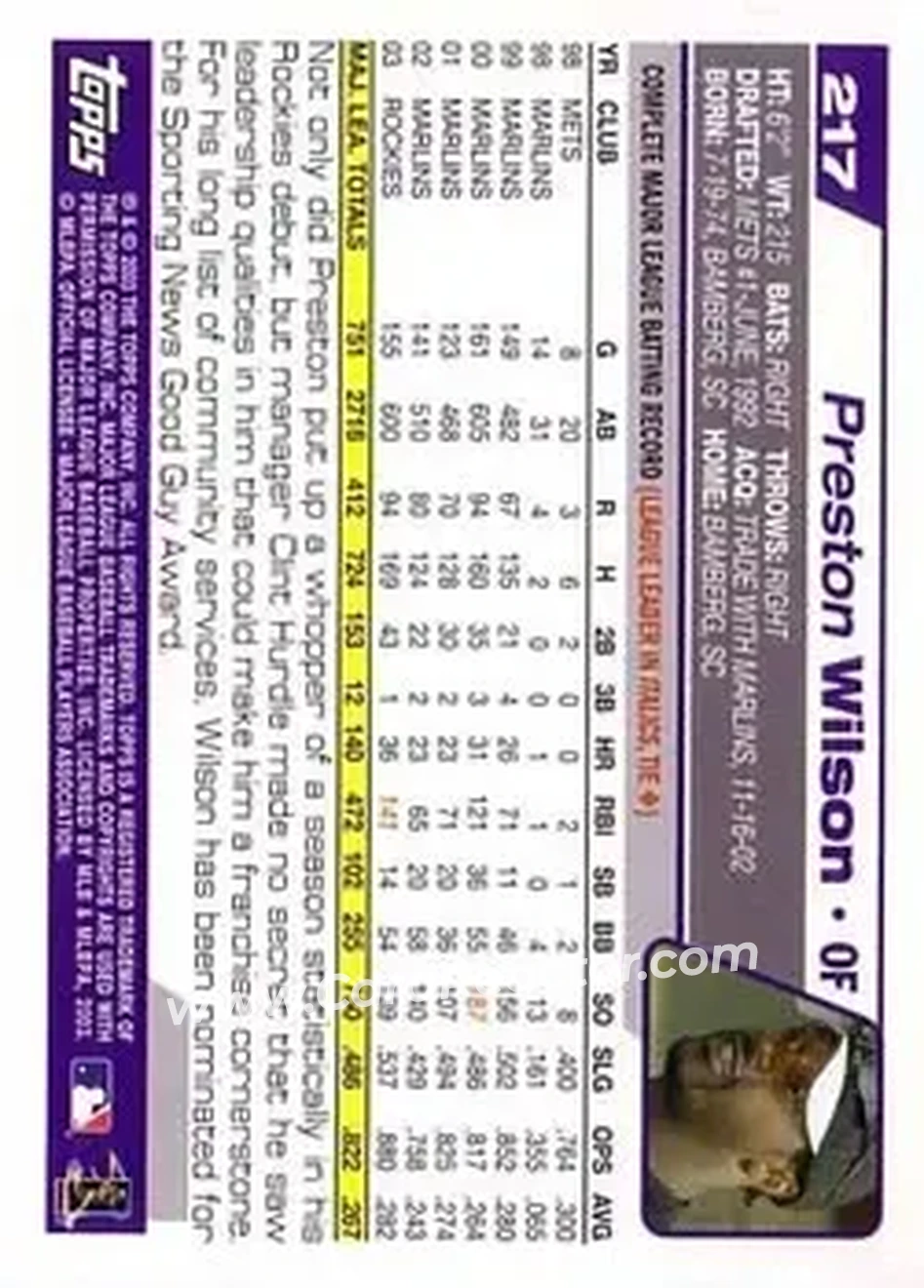 2004 Topps #217 - Preston Wilson - Colorado Rockies - Back