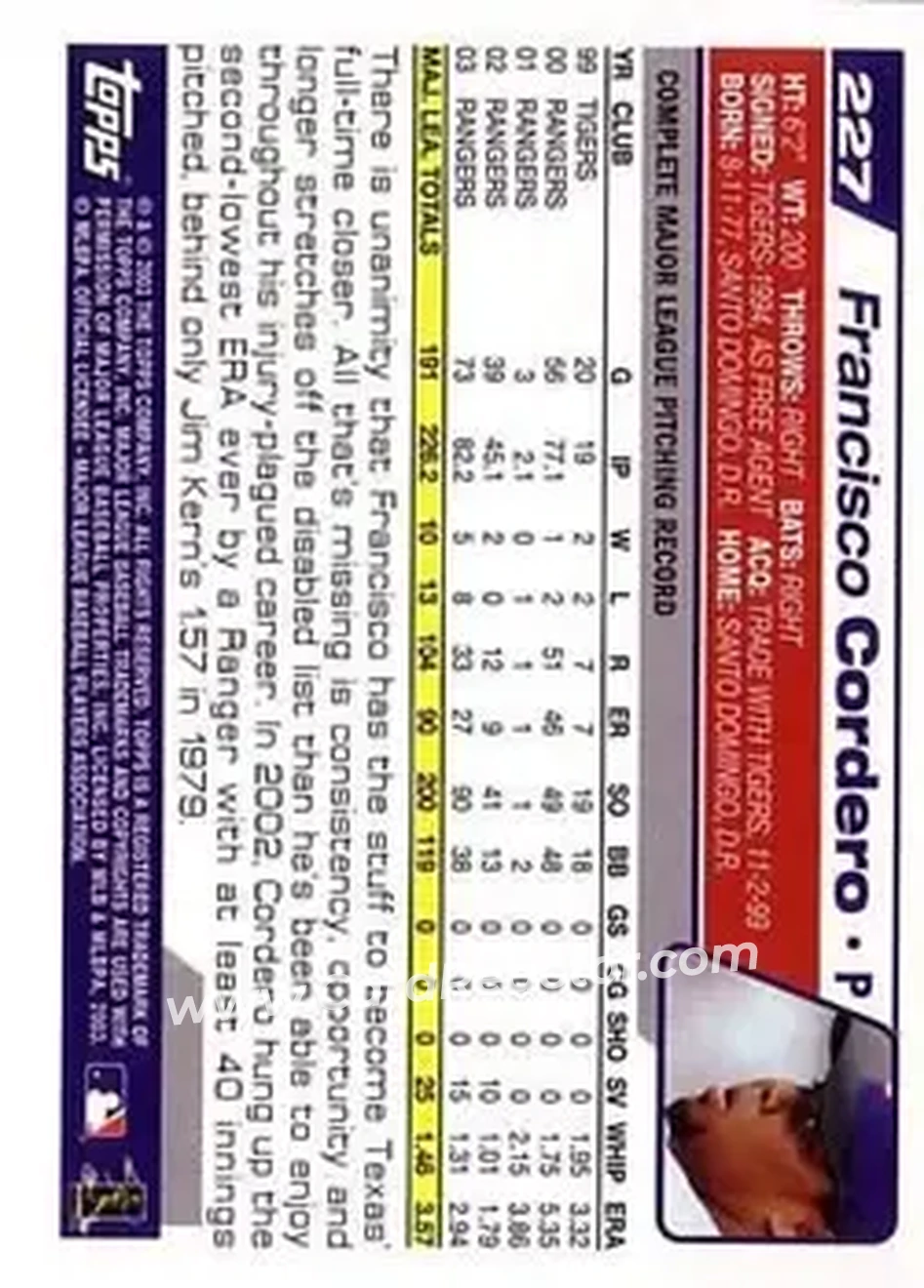 2004 Topps #227 - Francisco Cordero - Texas Rangers - Back 2004 Topps #227 - Francisco Cordero - Texas Rangers - Back
