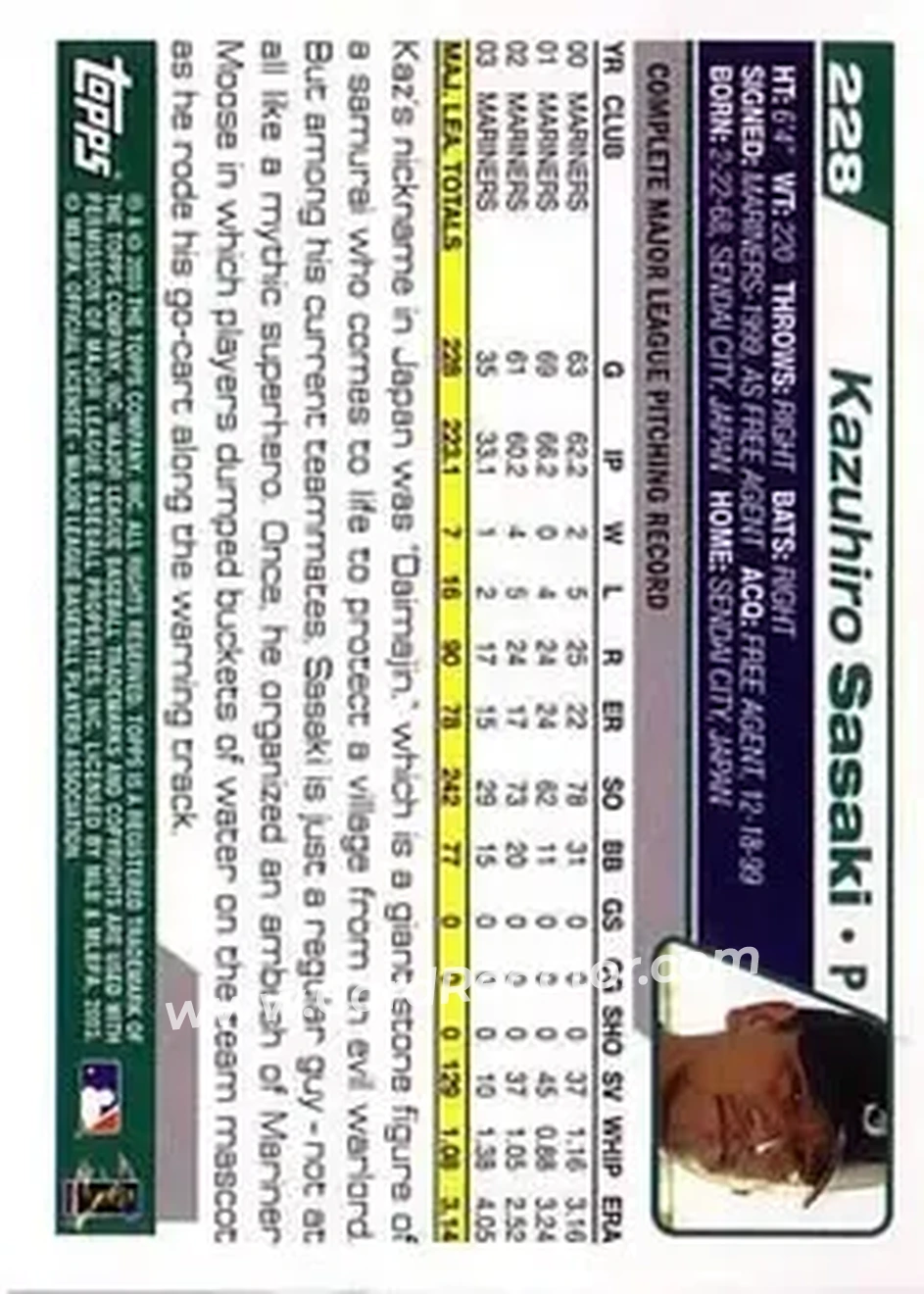 2004 Topps #228 - Kazuhiro Sasaki - Seattle Mariners - Back