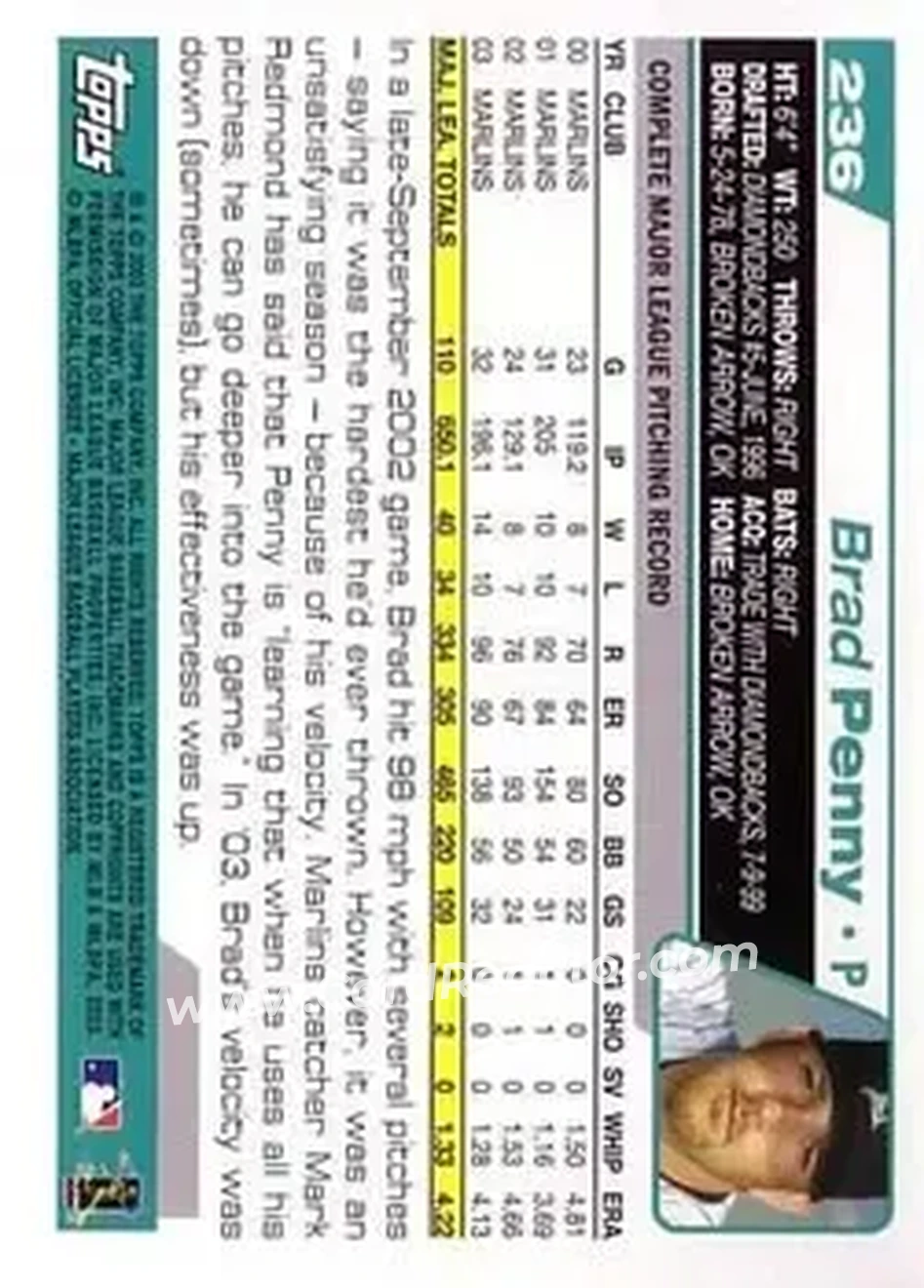 2004 Topps #236 - Brad Penny - Florida Marlins - Back 2004 Topps #236 - Brad Penny - Florida Marlins - Back