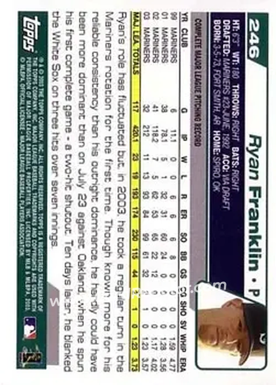 2004 Topps #246 - Ryan Franklin - Seattle Mariners - Back