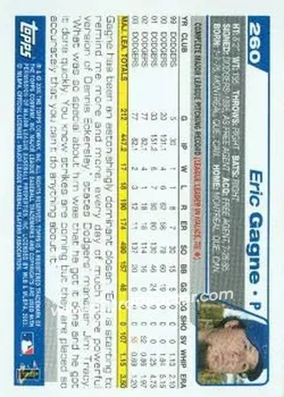 2004 Topps #260 - Eric Gagne - Los Angeles Dodgers - Back 2004 Topps #260 - Eric Gagne - Los Angeles Dodgers - Back