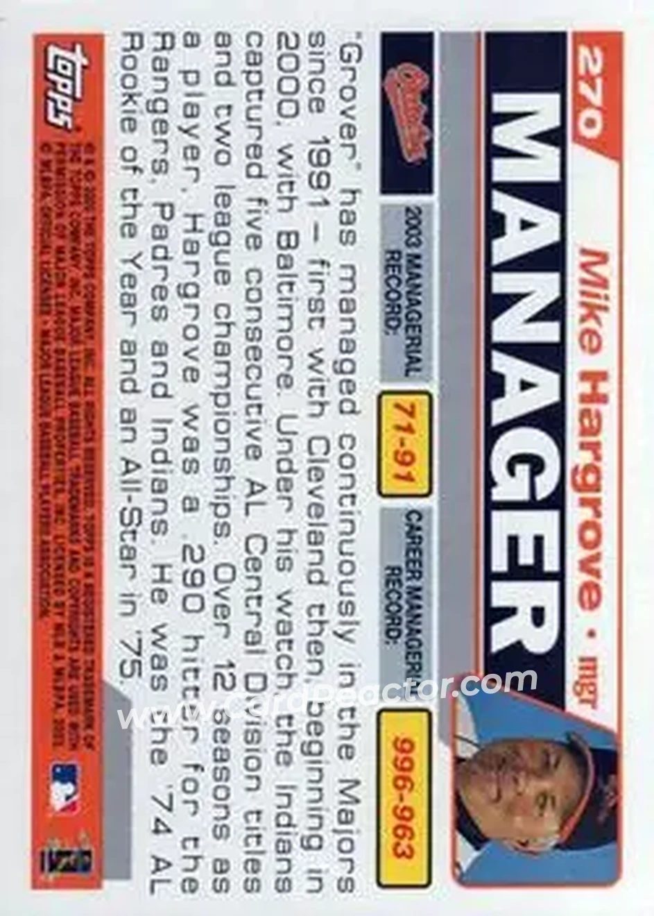 2004 Topps #270 - Mike Hargrove - Baltimore Orioles - Back 2004 Topps #270 - Mike Hargrove - Baltimore Orioles - Back
