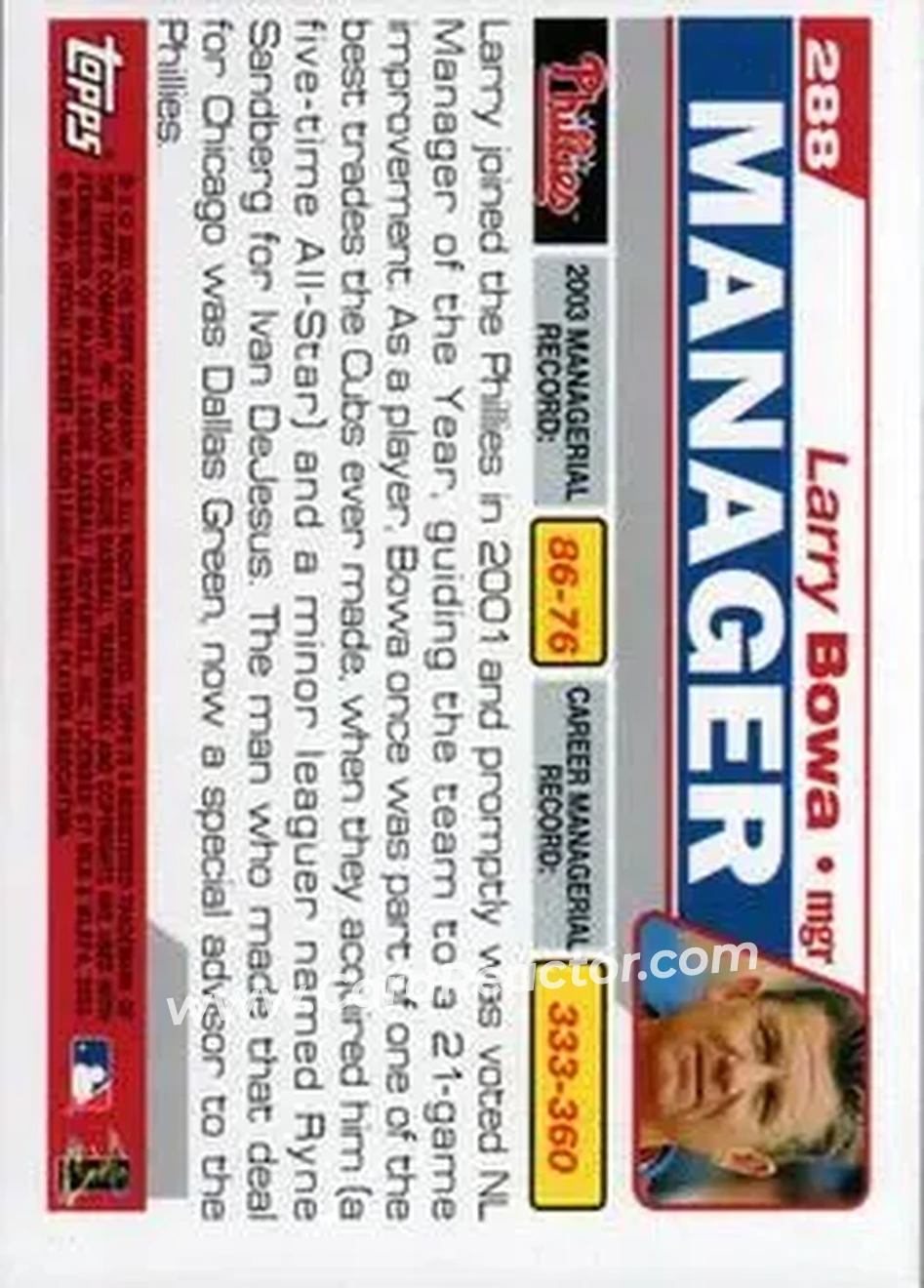 2004 Topps #288 - Larry Bowa - Philadelphia Phillies - Back