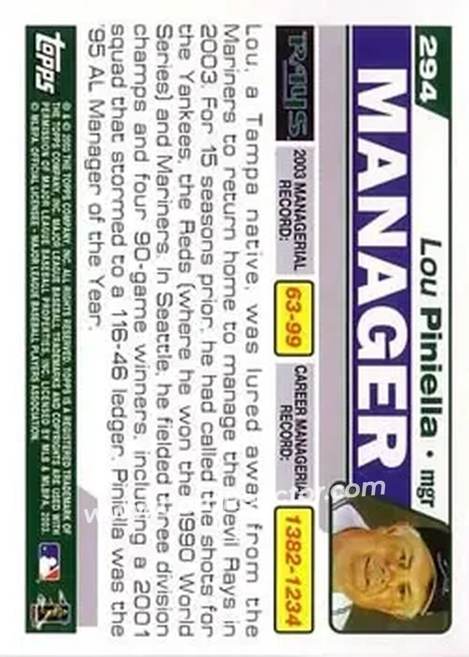 2004 Topps #294 - Lou Piniella - Tampa Bay Devil Rays - Back