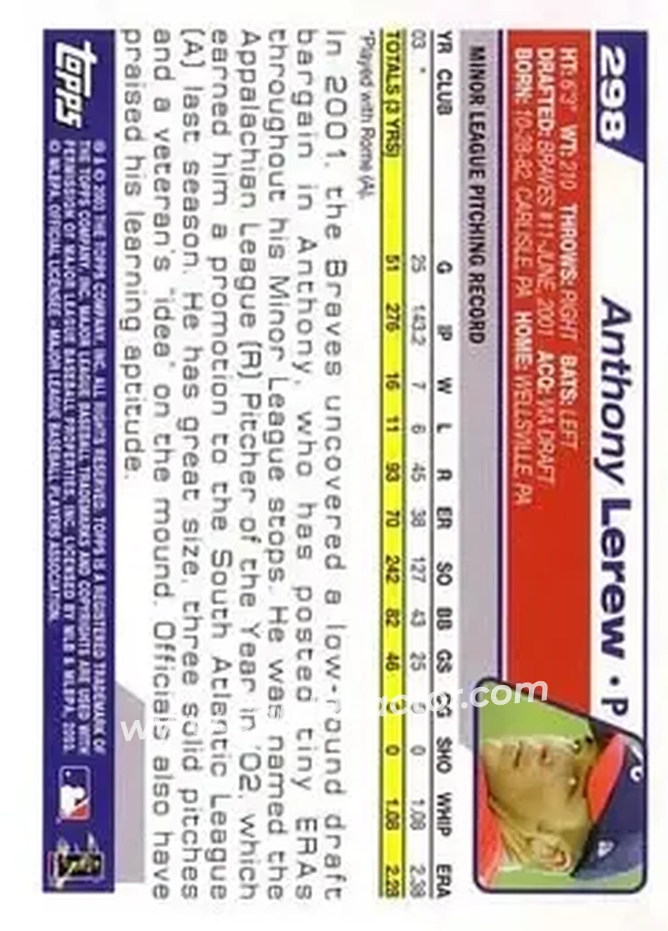 2004 Topps #298 - Anthony Lerew - Atlanta Braves - Back