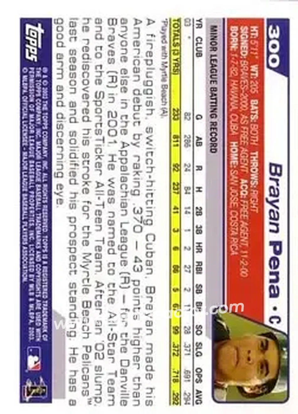 2004 Topps #300 - Brayan Pena - Atlanta Braves - Back