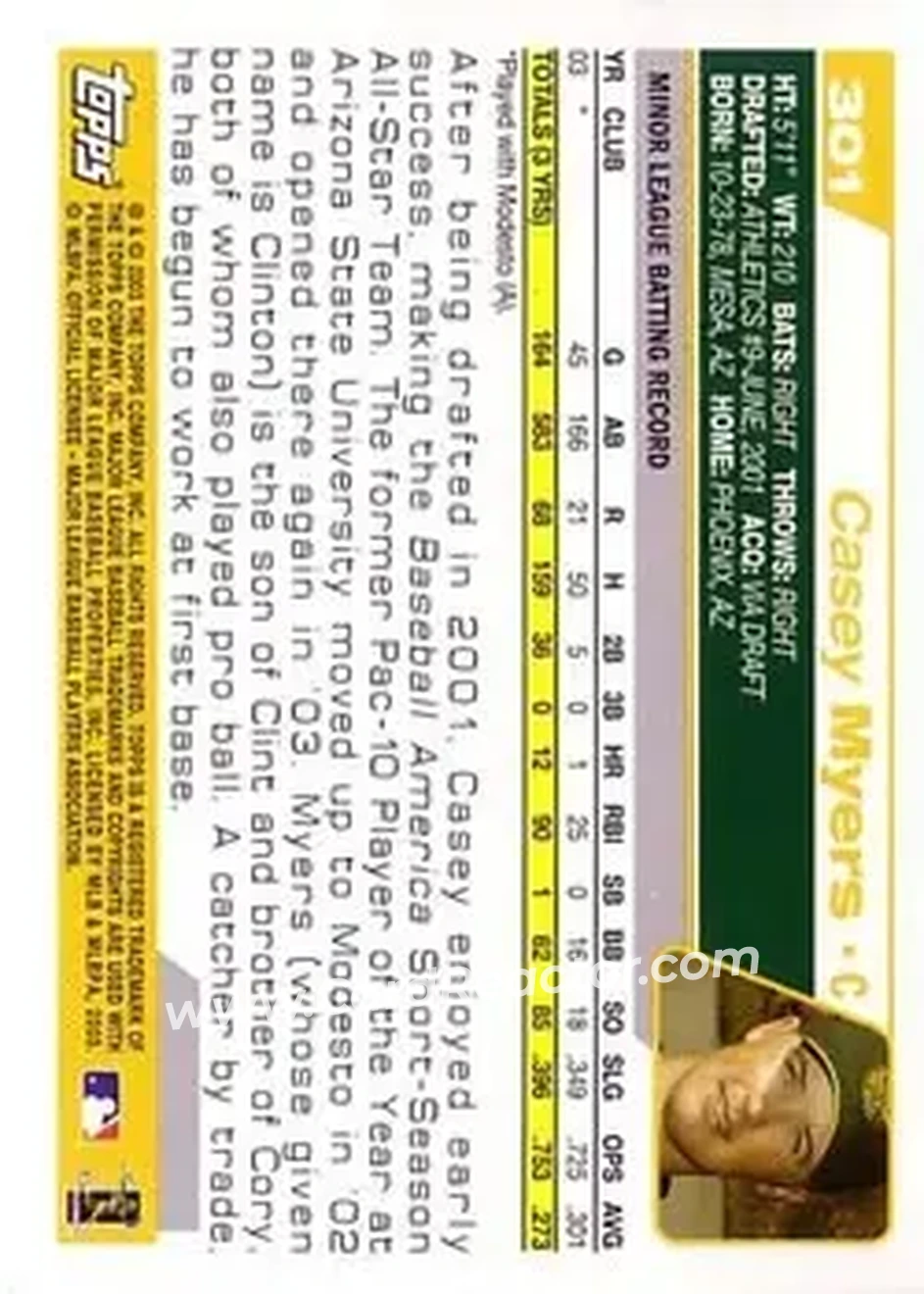 2004 Topps #301 - Casey Myers - Oakland Athletics - Back