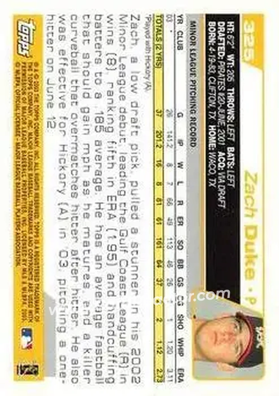 2004 Topps #325 - Zach Duke - Pittsburgh Pirates - Back