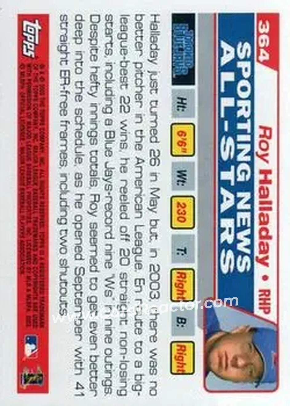 2004 Topps #364 - Roy Halladay - Toronto Blue Jays - Back