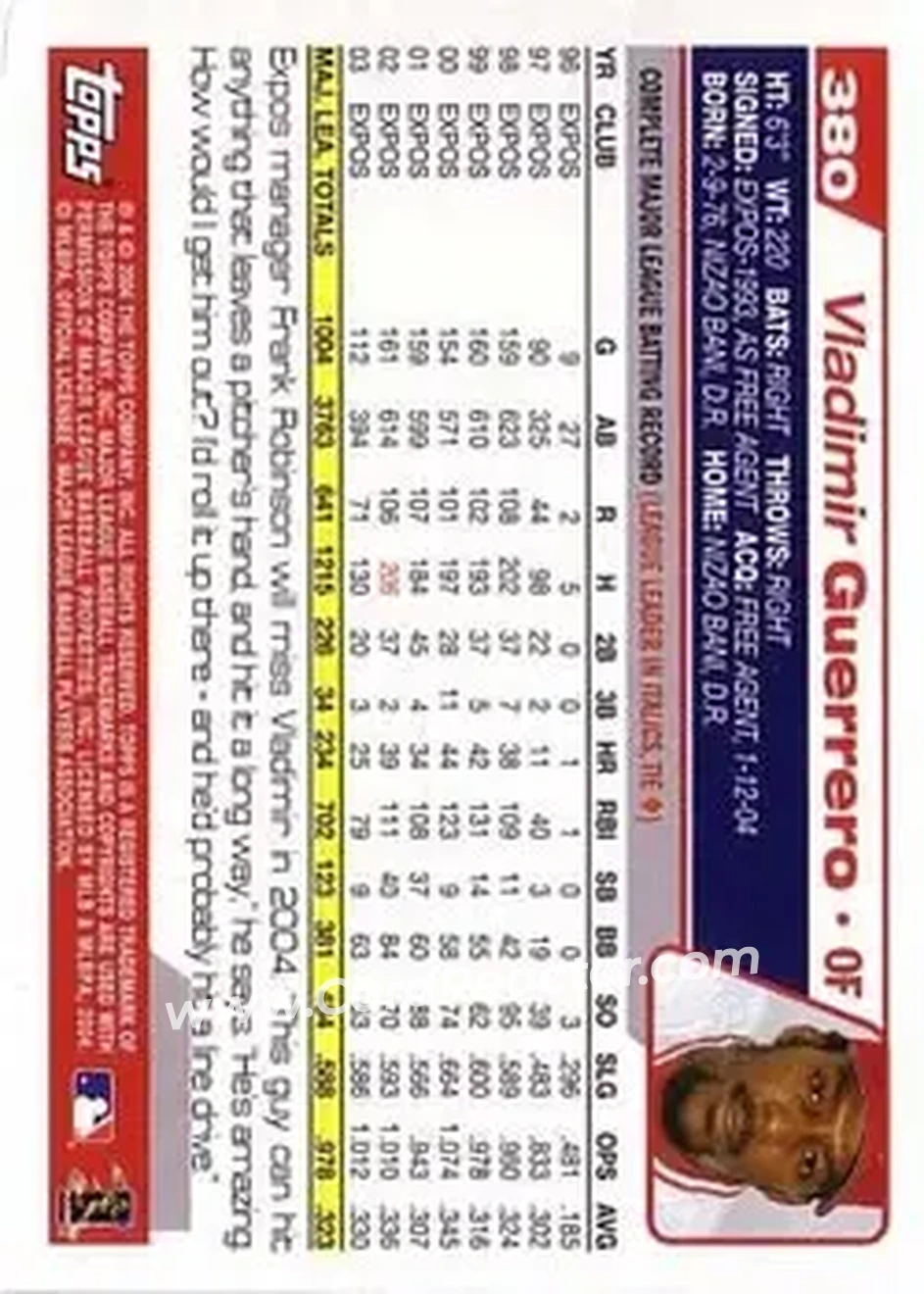 2004 Topps #380 - Vladimir Guerrero - Anaheim Angels - Back