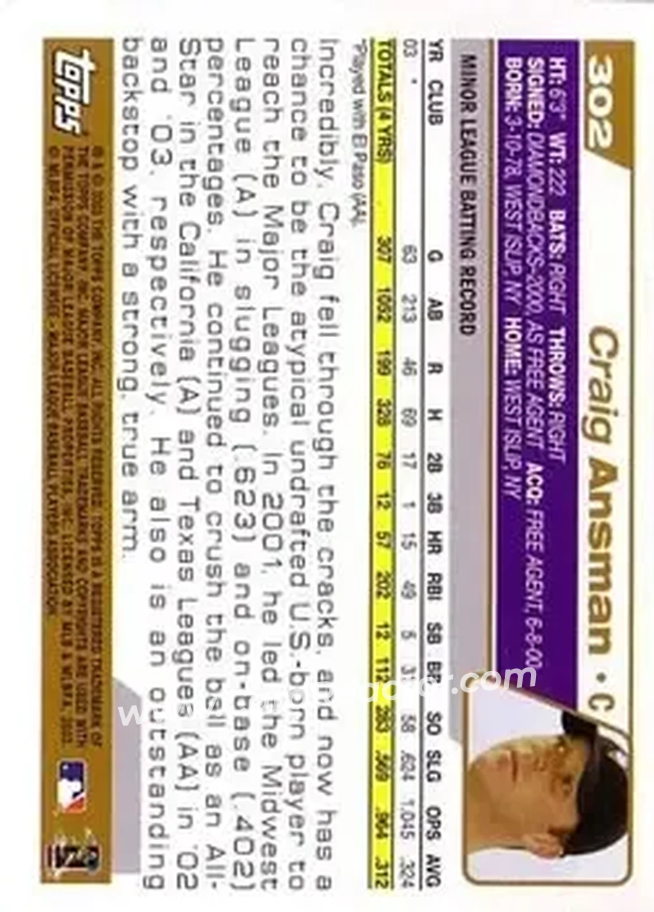 2004 Topps #302 - Craig Ansman - Arizona Diamondbacks - Back