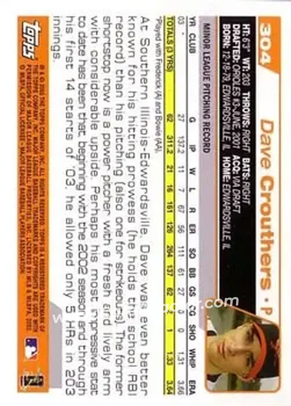 2004 Topps #304 - Dave Crouthers - Baltimore Orioles - Back