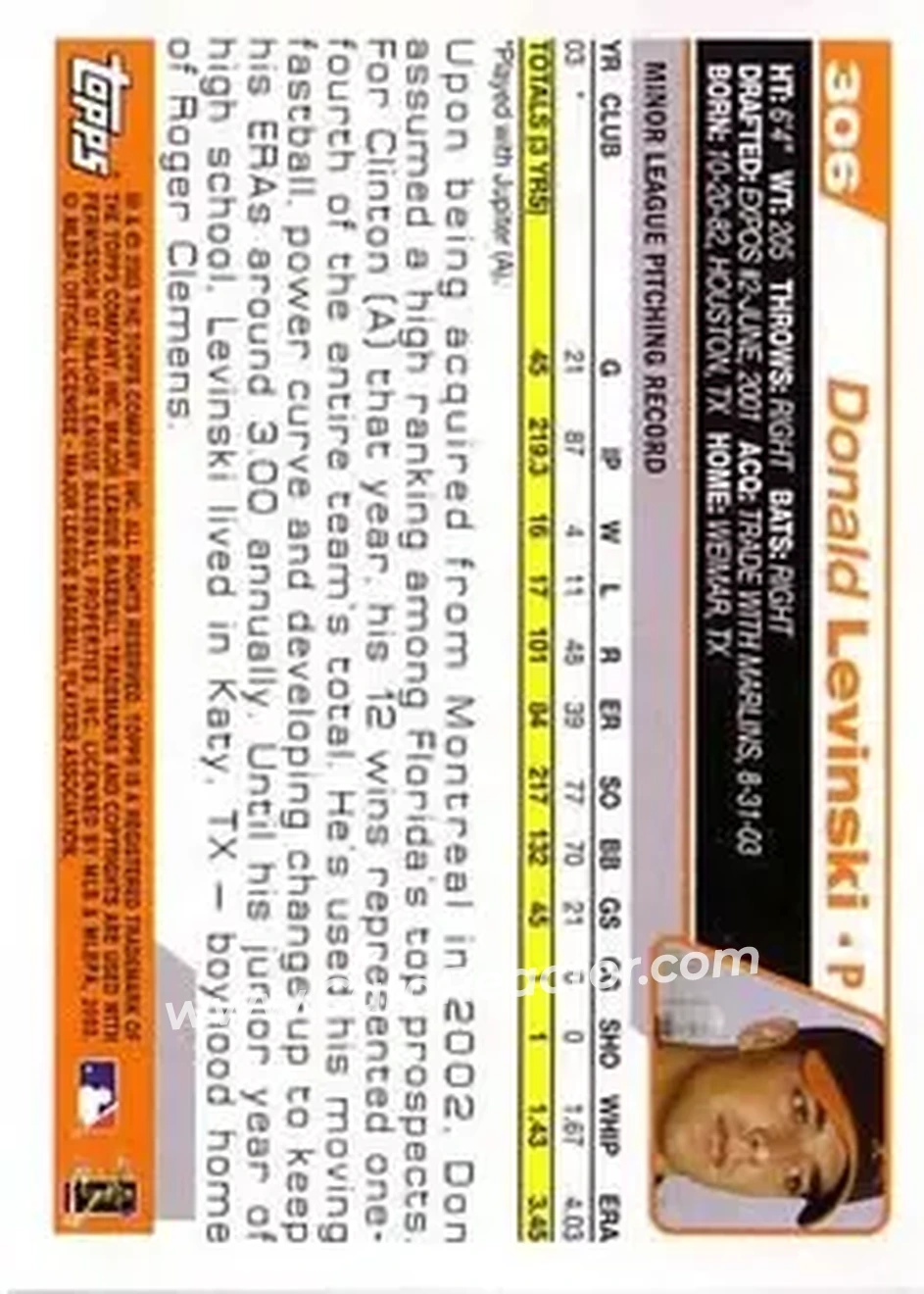 2004 Topps #306 - Donald Levinski - Baltimore Orioles - Back