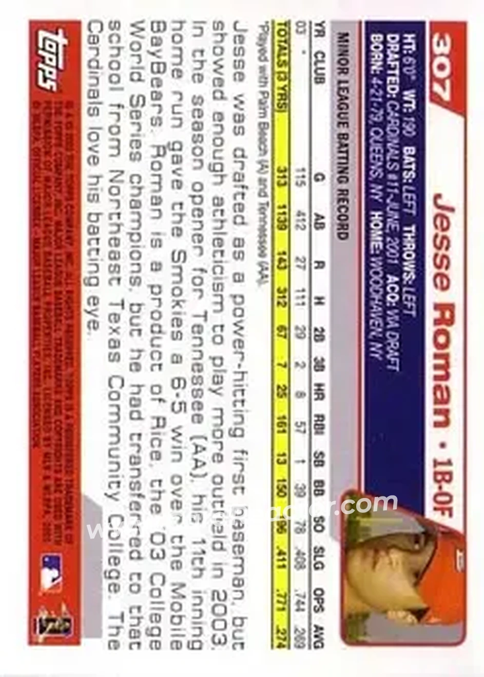 2004 Topps #307 - Jesse Roman - St. Louis Cardinals - Back