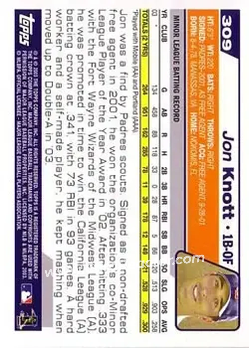 2004 Topps #309 - Jon Knott - San Diego Padres - Back 2004 Topps #309 - Jon Knott - San Diego Padres - Back