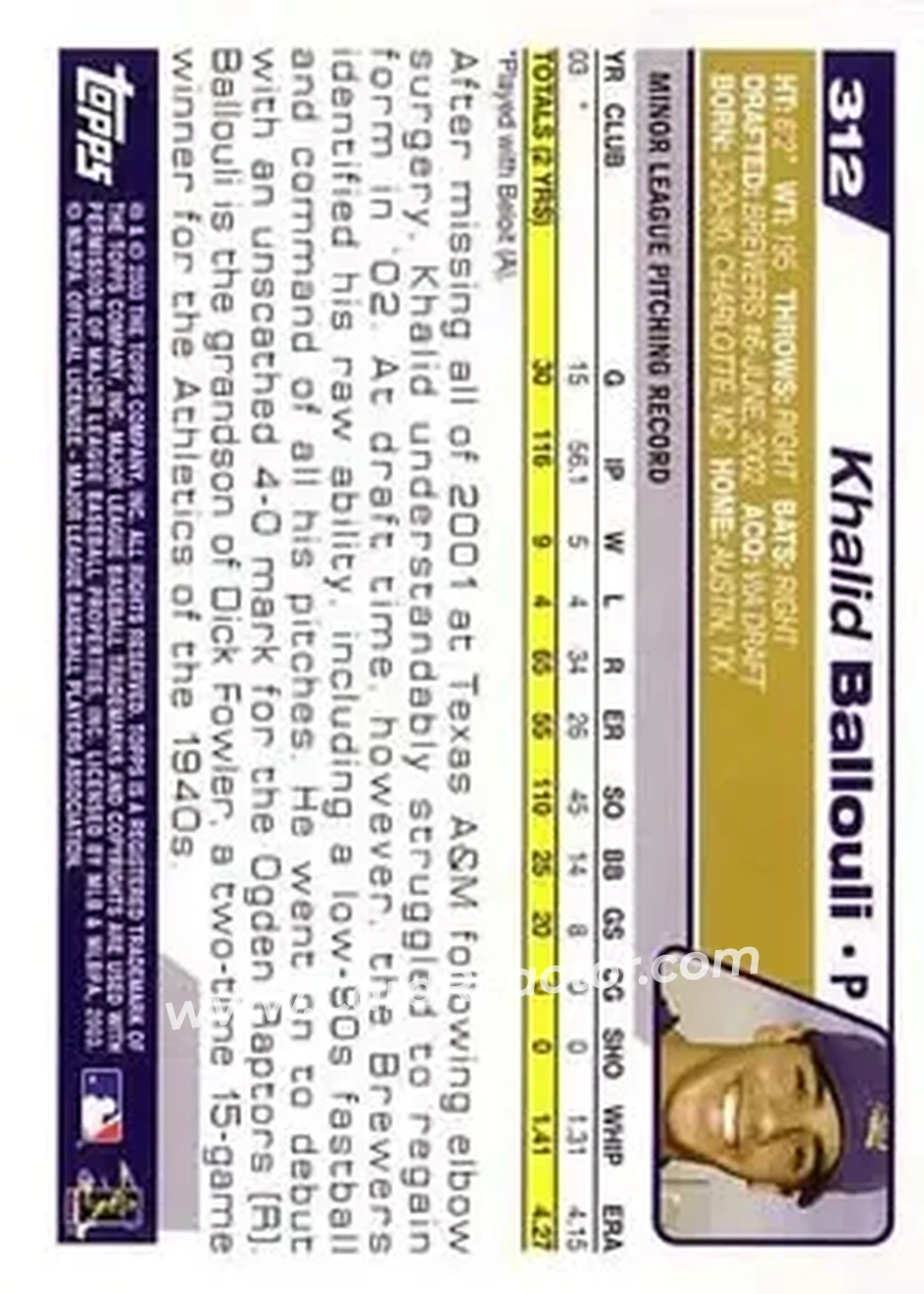 2004 Topps #312 - Khalid Ballouli - Milwaukee Brewers - Back