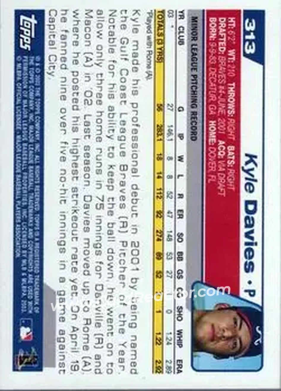 2004 Topps #313 - Kyle Davies - Atlanta Braves - Back