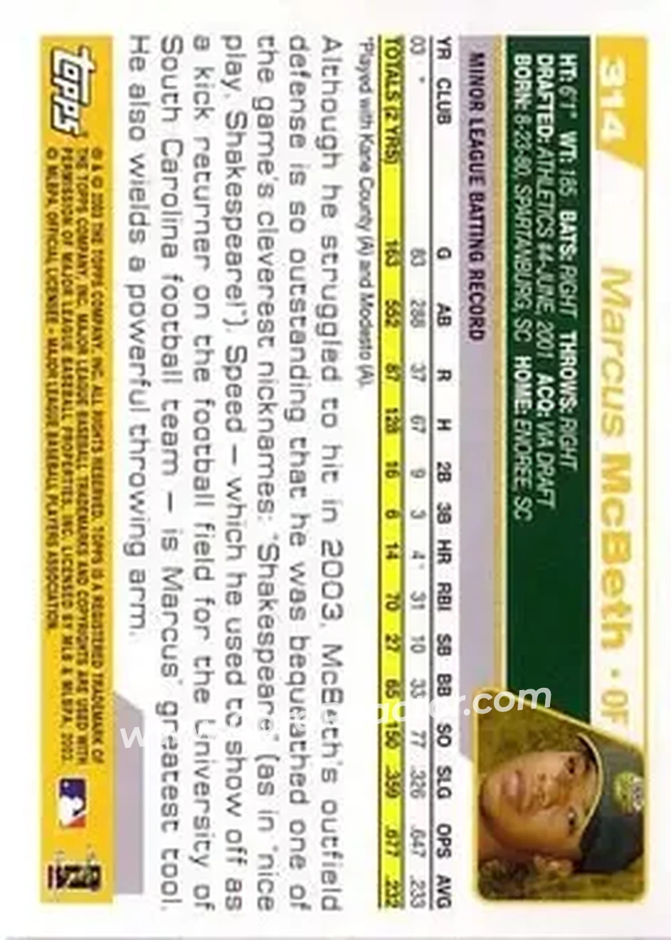 2004 Topps #314 - Marcus McBeth - Oakland Athletics - Back 2004 Topps #314 - Marcus McBeth - Oakland Athletics - Back