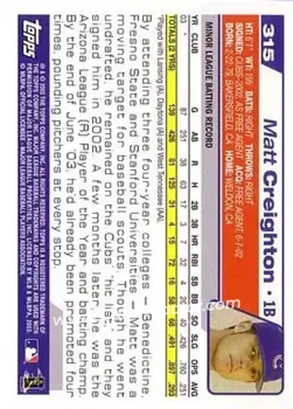 2004 Topps #315 - Matt Creighton - Chicago Cubs - Back