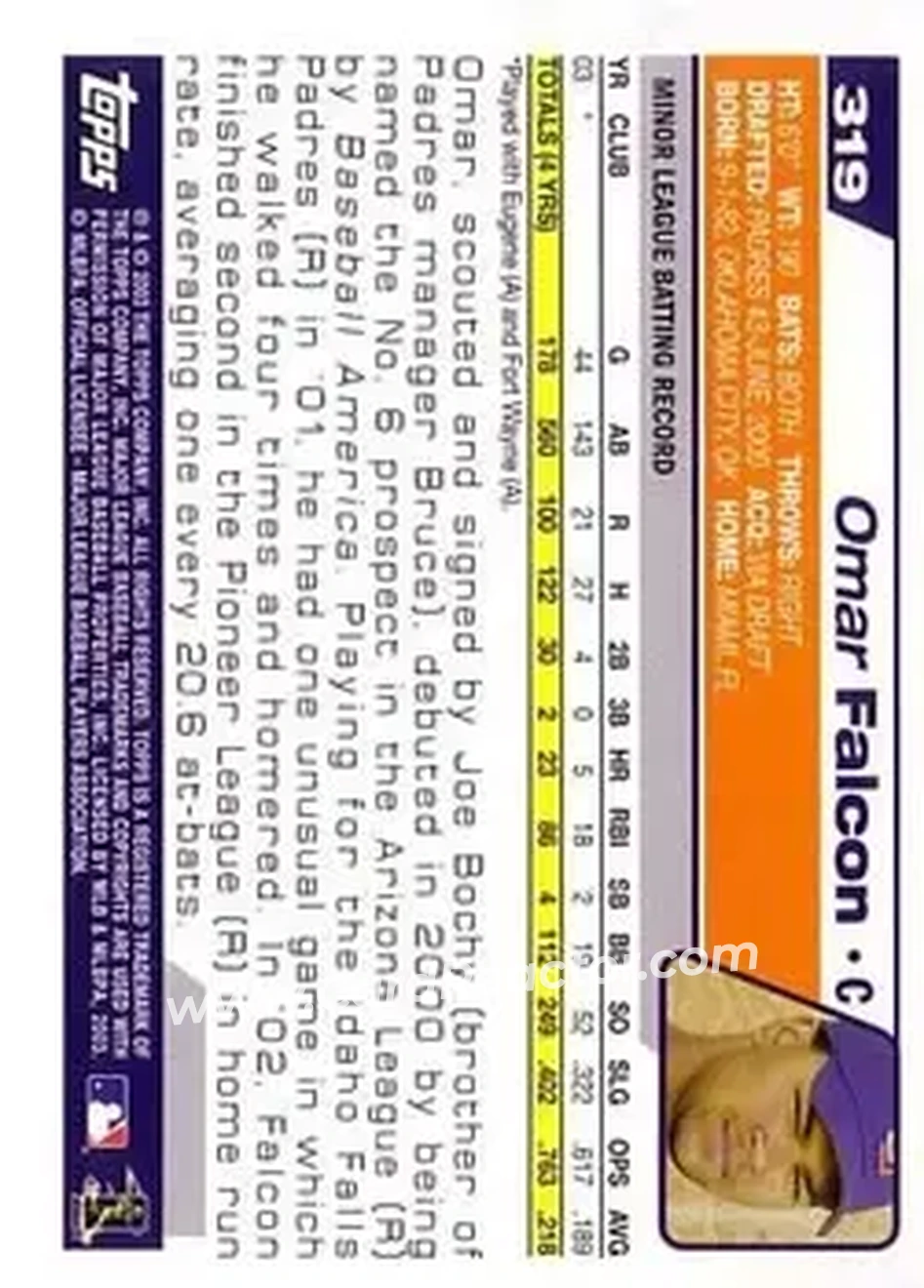2004 Topps #319 - Omar Falcon - San Diego Padres - Back
