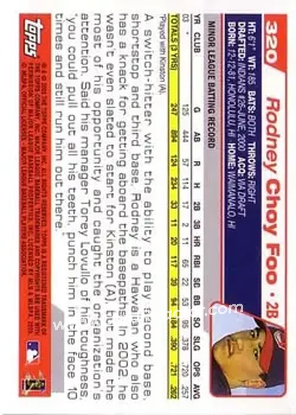 2004 Topps #320 - Rodney Choy Foo - Cleveland Indians - Back