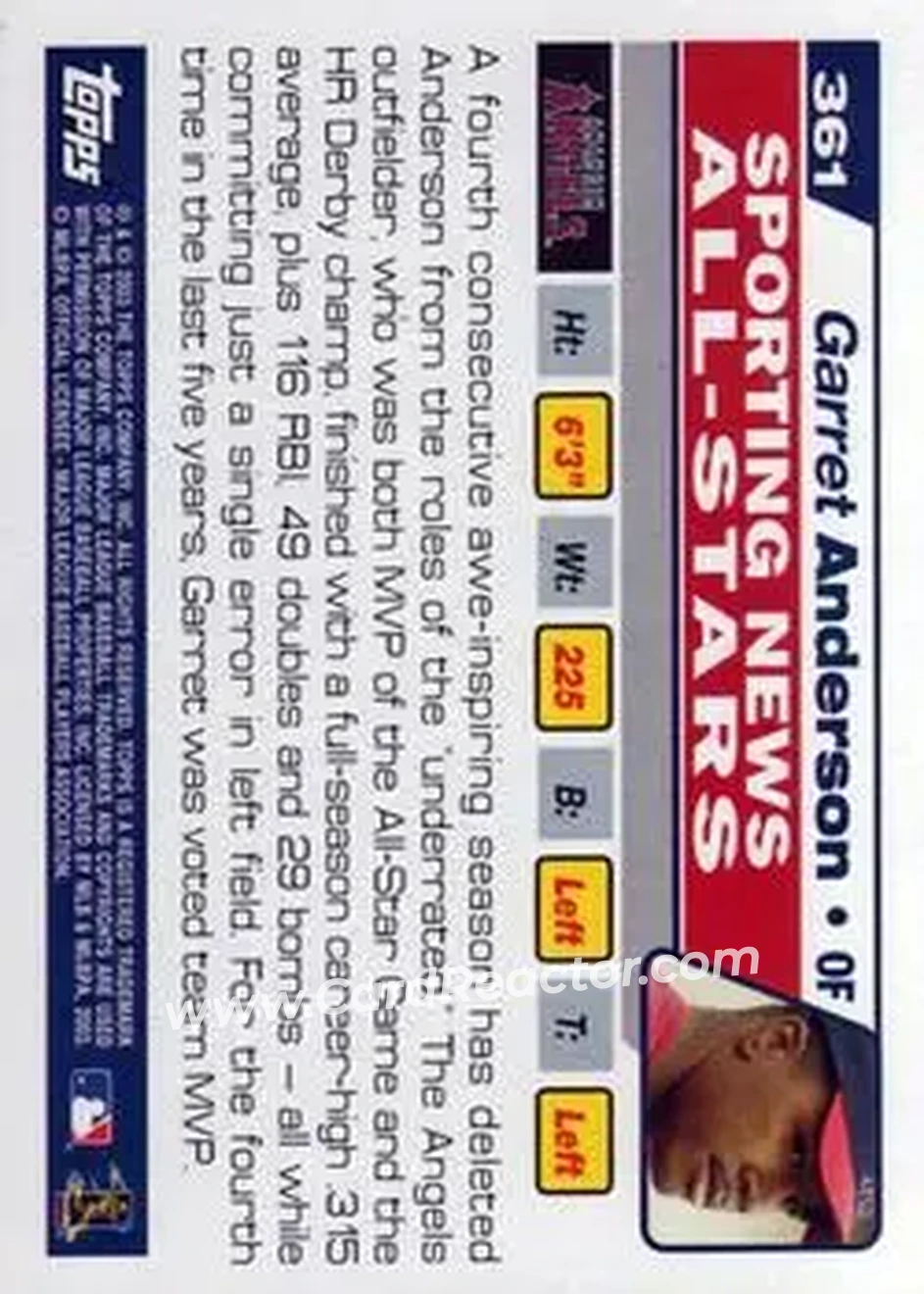 2004 Topps #361 - Garret Anderson - Anaheim Angels - Back