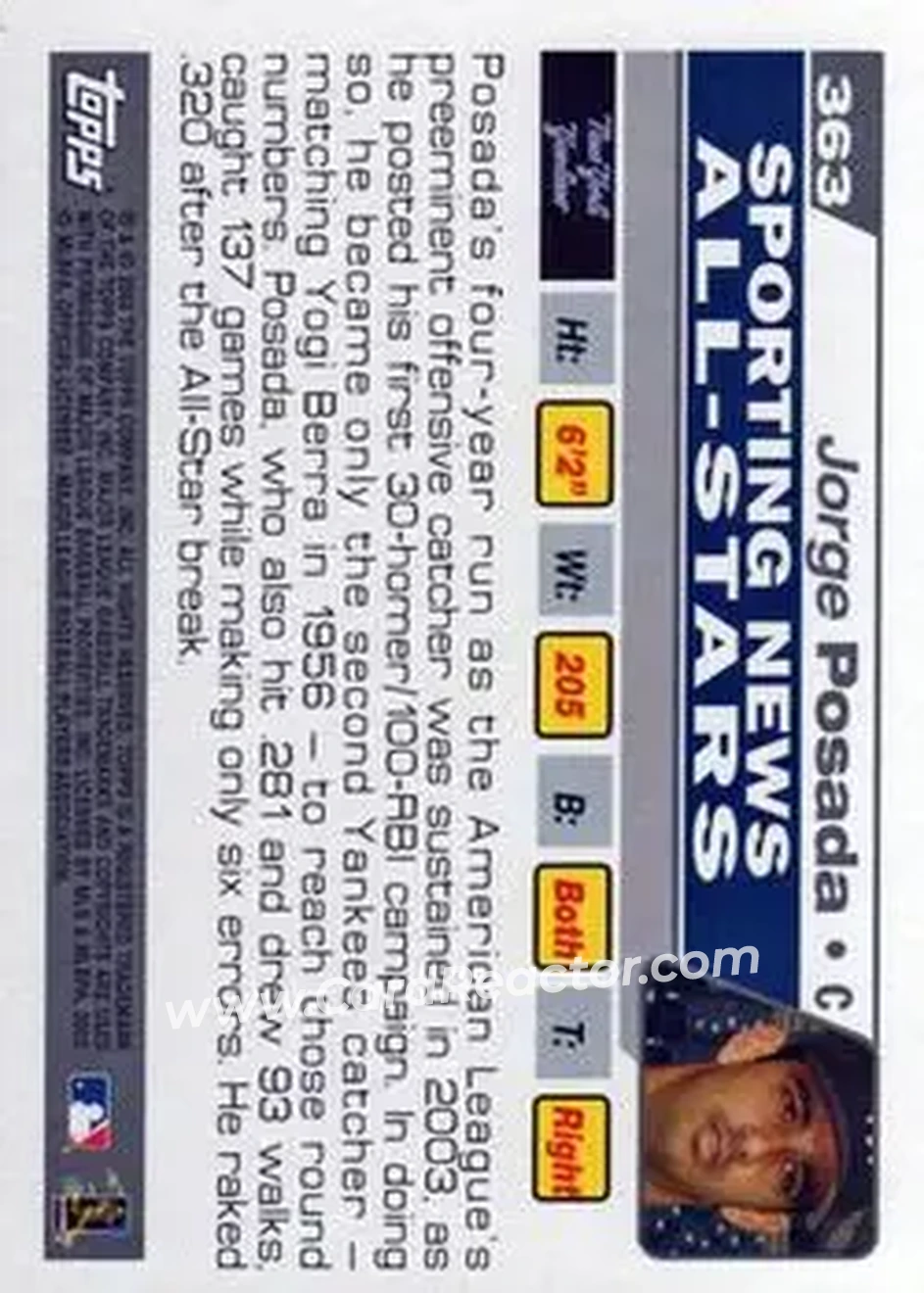 2004 Topps #363 - Jorge Posada - New York Yankees - Back 2004 Topps #363 - Jorge Posada - New York Yankees - Back