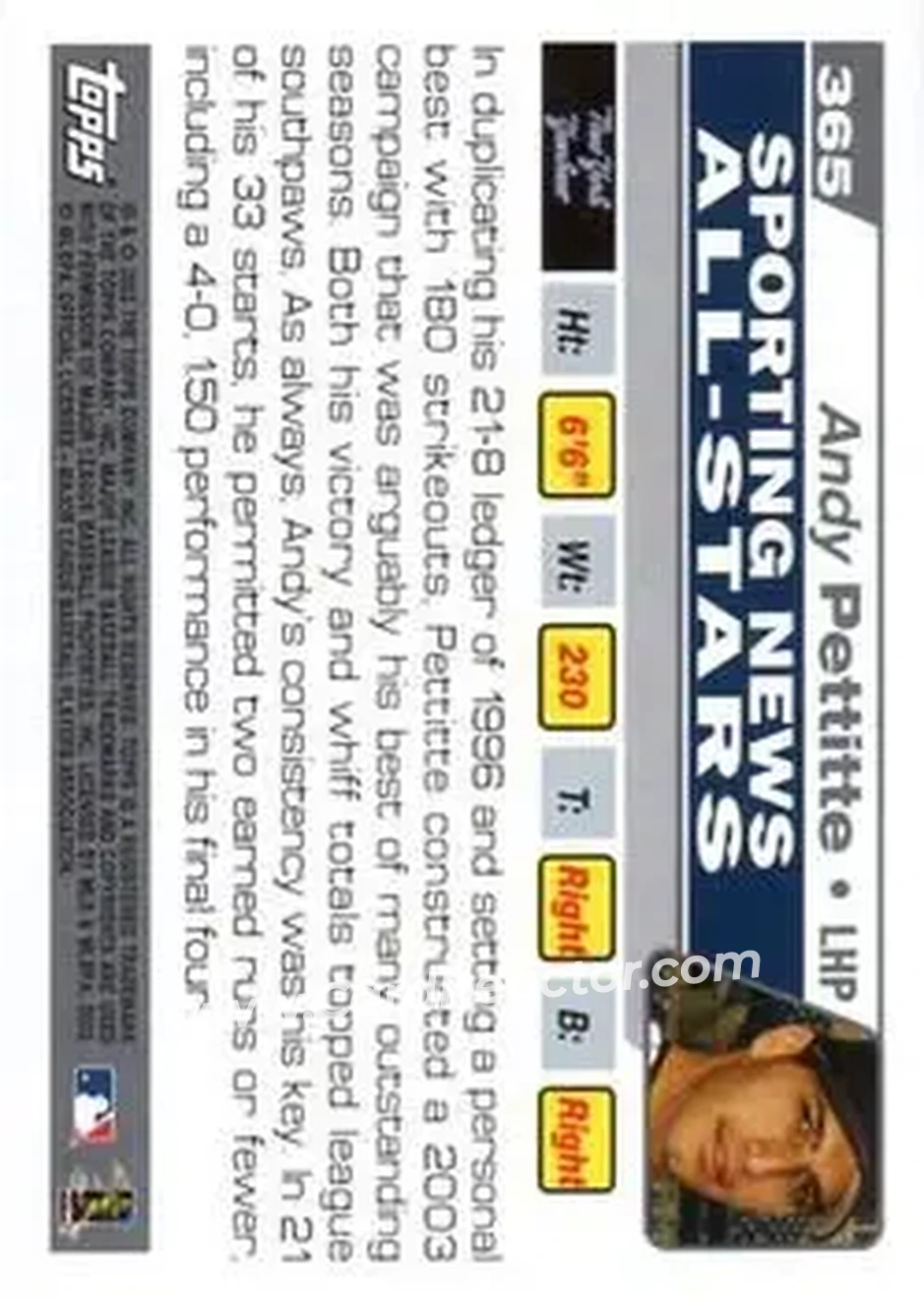 2004 Topps #365 - Andy Pettitte - New York Yankees - Back