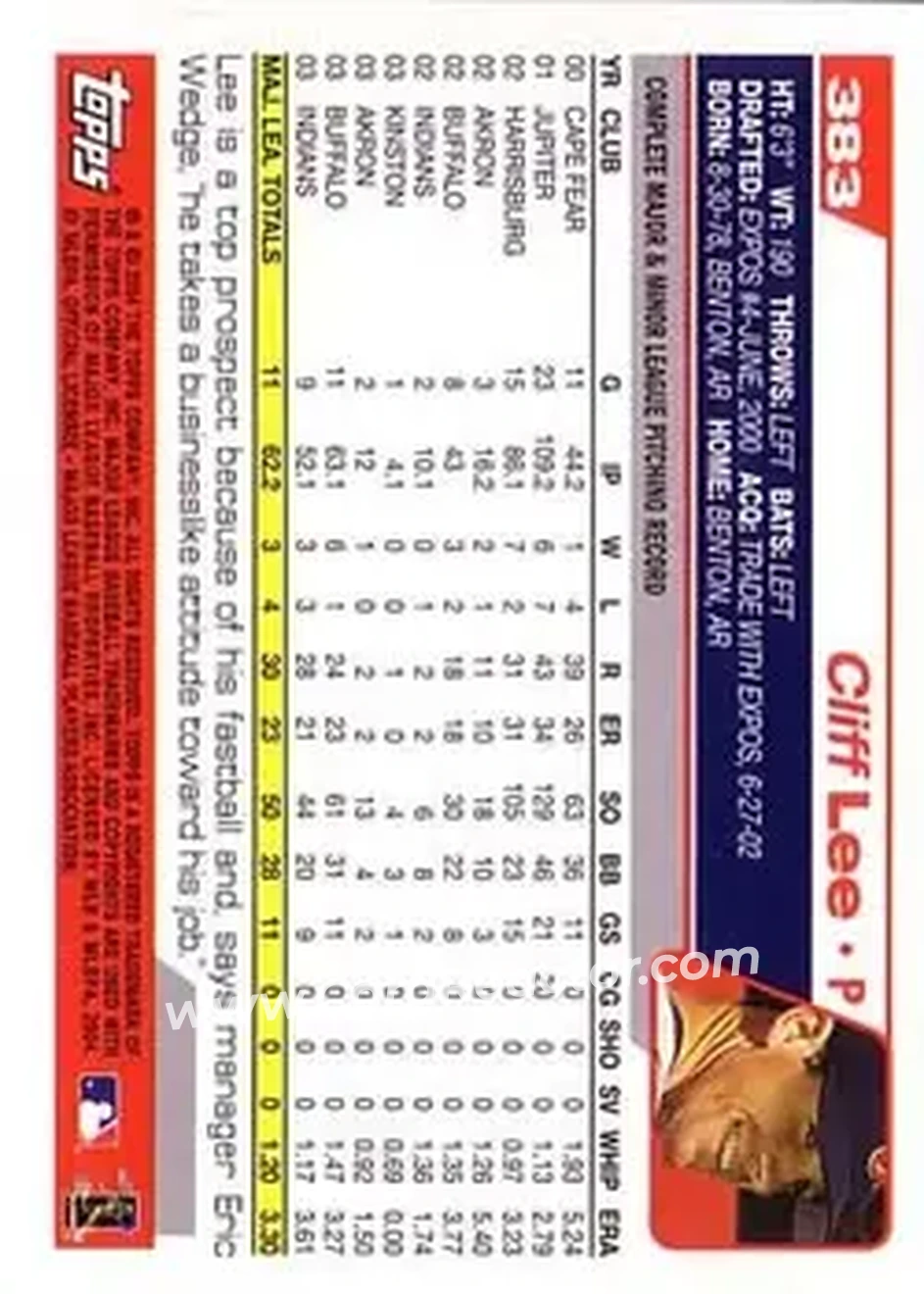 2004 Topps #383 - Cliff Lee - Cleveland Indians - Back 2004 Topps #383 - Cliff Lee - Cleveland Indians - Back