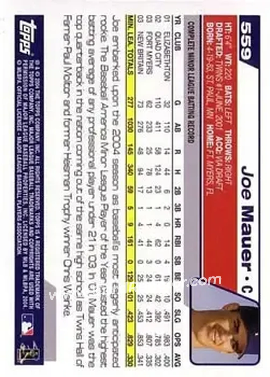 2004 Topps #559 - Joe Mauer - Minnesota Twins - Back 2004 Topps #559 - Joe Mauer - Minnesota Twins - Back
