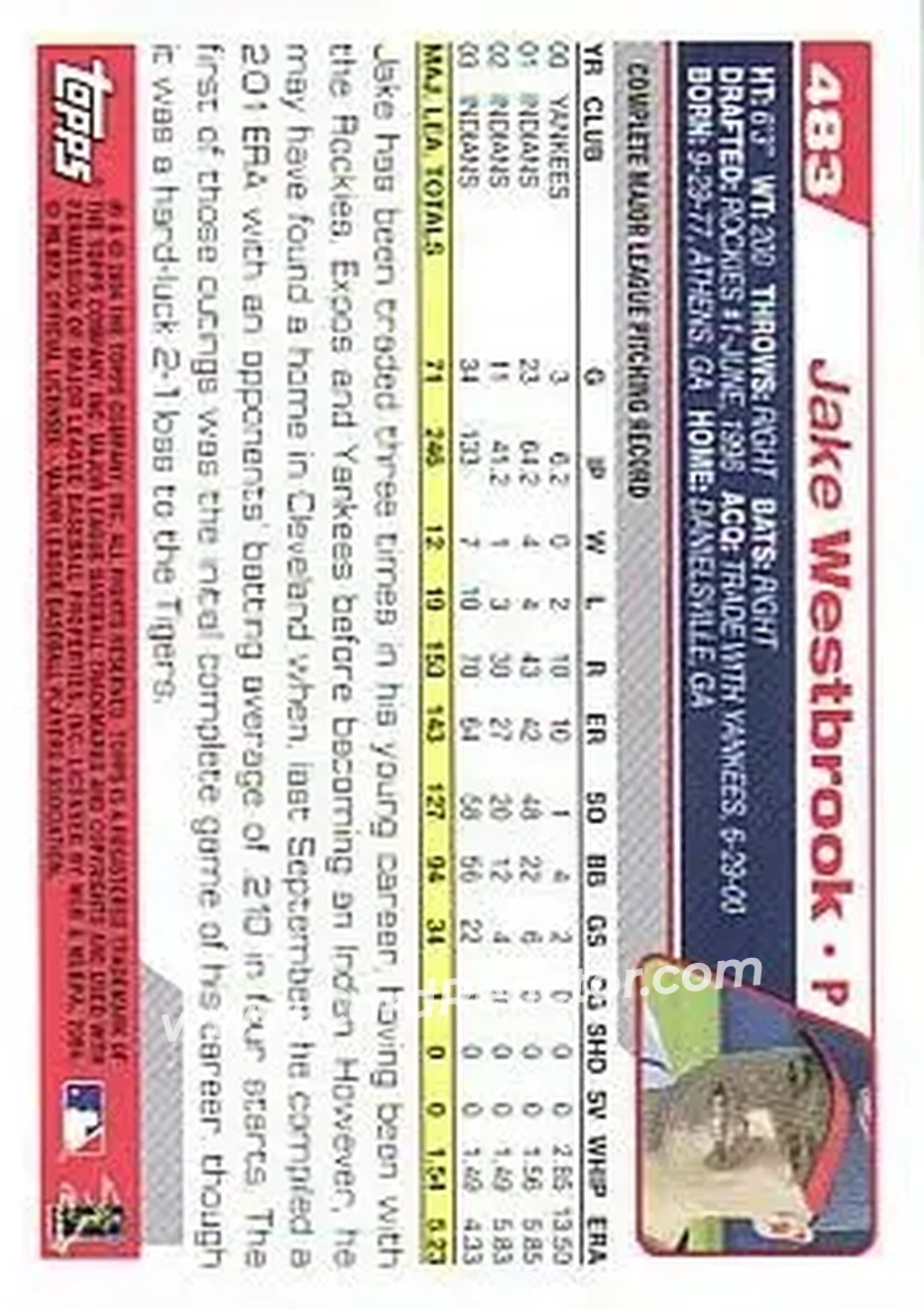 2004 Topps #483 - Jake Westbrook - Cleveland Indians - Back