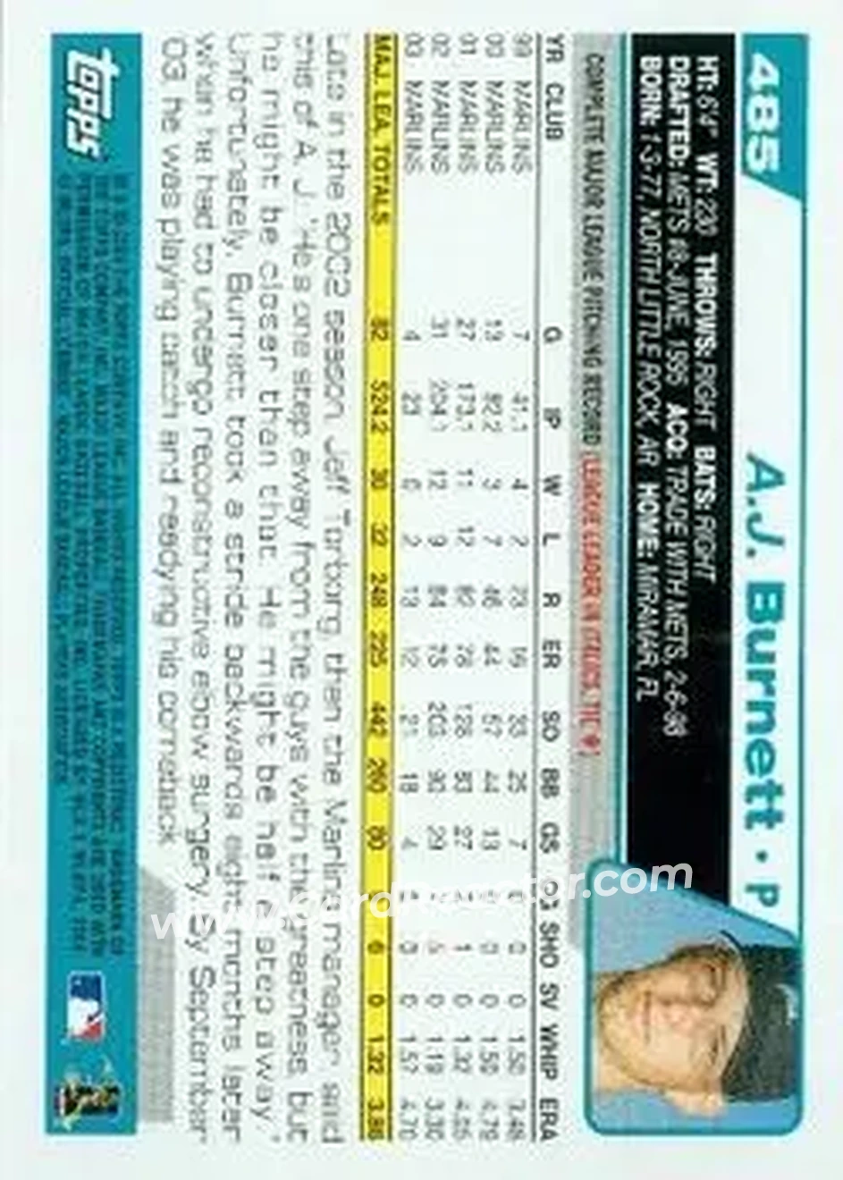 2004 Topps #485 - A.J. Burnett - Florida Marlins - Back 2004 Topps #485 - A.J. Burnett - Florida Marlins - Back
