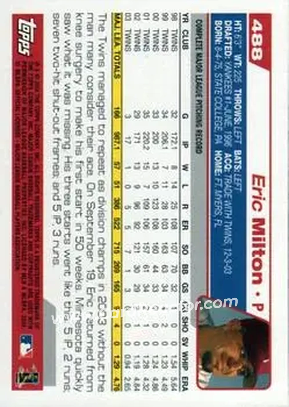 2004 Topps #488 - Eric Milton - Philadelphia Phillies - Back