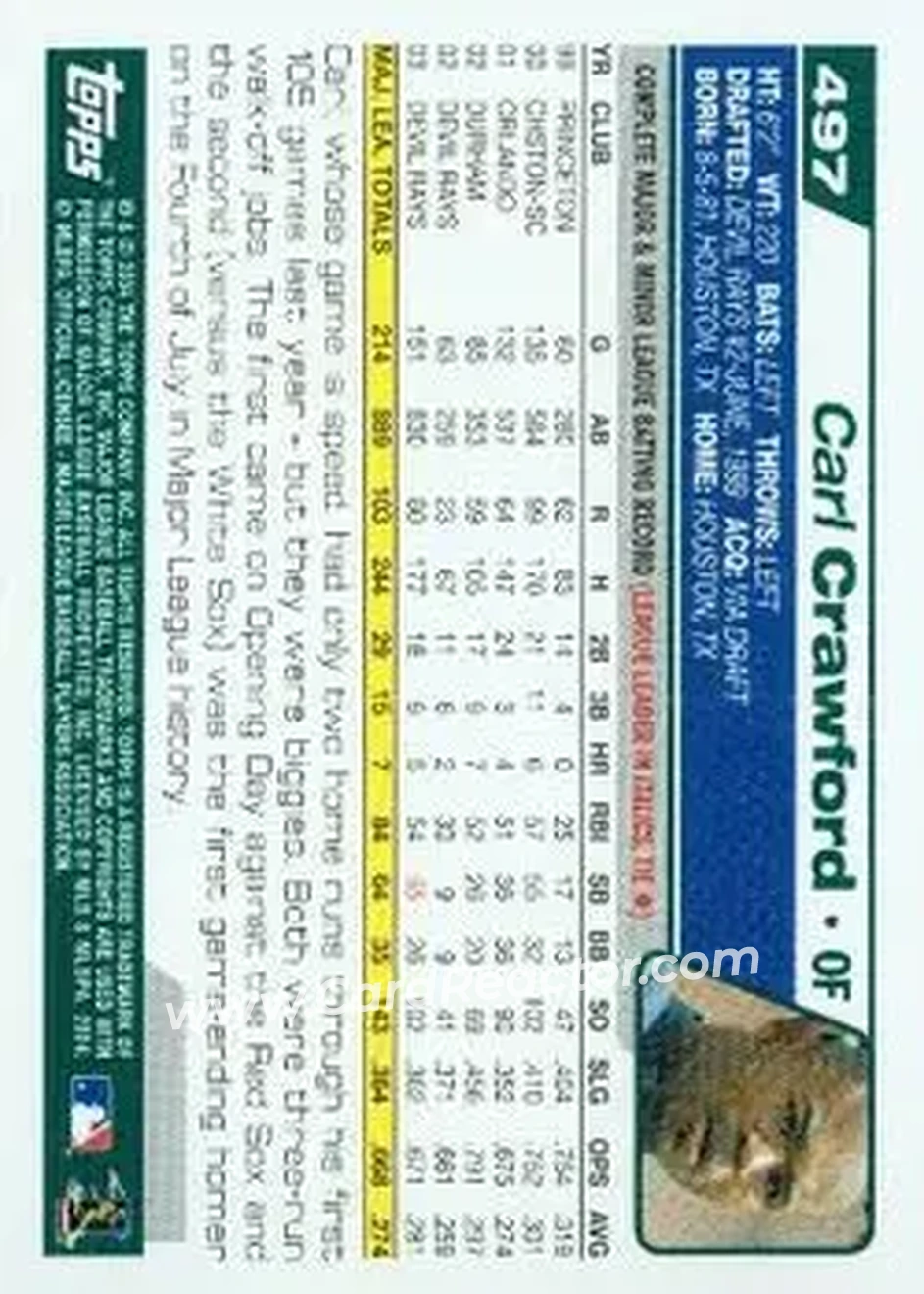 2004 Topps #497 - Carl Crawford - Tampa Bay Devil Rays - Back 2004 Topps #497 - Carl Crawford - Tampa Bay Devil Rays - Back